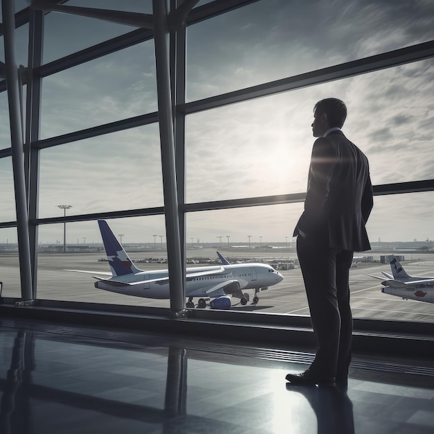 Airport businessman looking out of a large airport terminal window at the planes generative ai