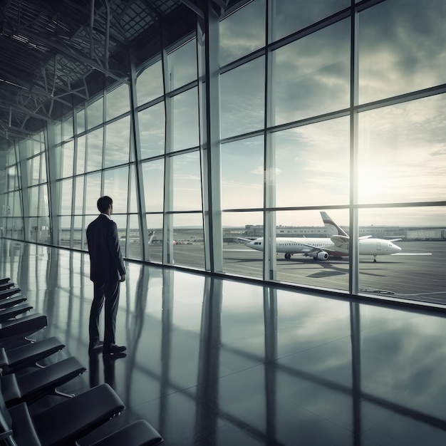 Airport businessman looking out of a large airport terminal window at the planes generative ai