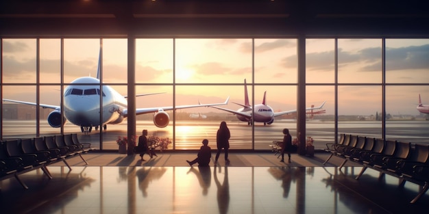 Airport interior with window sunset and airplane in background Picturesque