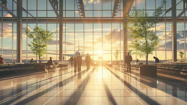 Airport lobby at sunset where various travelers can be observed