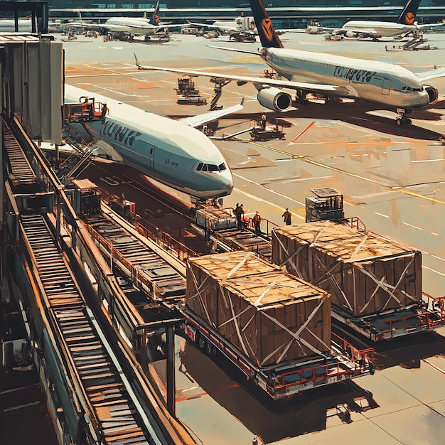 Photo airport scene with planes parked and crew loading cargo onto wooden boxes