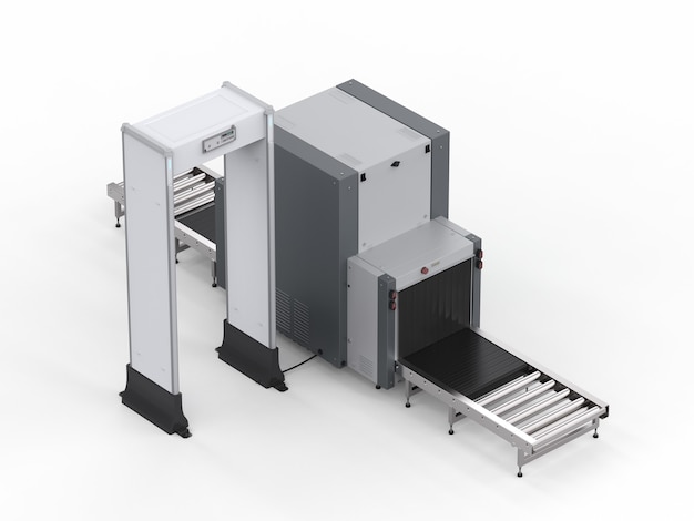 Airport security checkpoint with gates and scanner machine