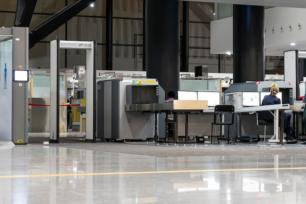 Airport security metal detector scan Empty scanner control luggage at the terminal Gateray detection with a belt for scanning bags Check point border control