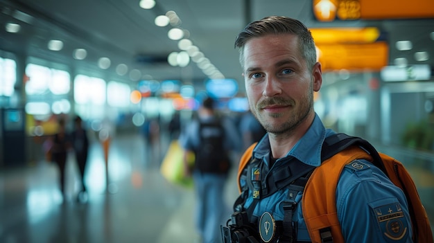 Airport Security Officer in a uniform carrying security equipment