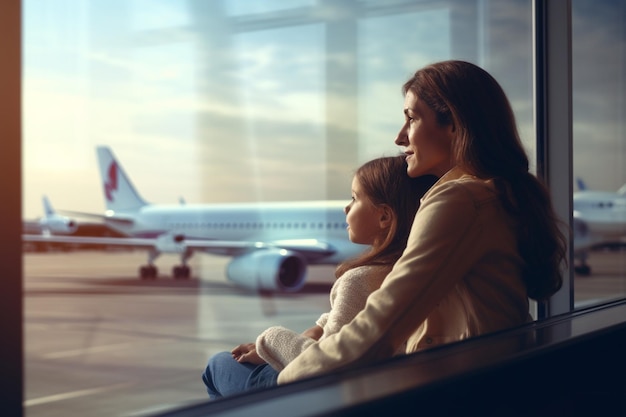 Photo airport terminal beautiful mother and cute little daughter wait for their vacation flight looking out of window for arriving and departing airplanes young family in boarding lounge of airline hub