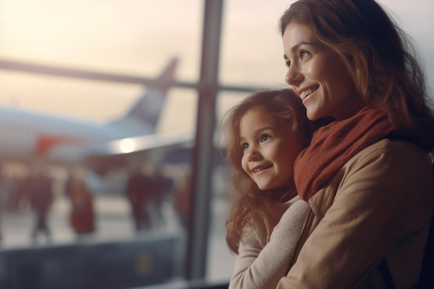 Photo airport terminal beautiful mother and cute little daughter wait for their vacation