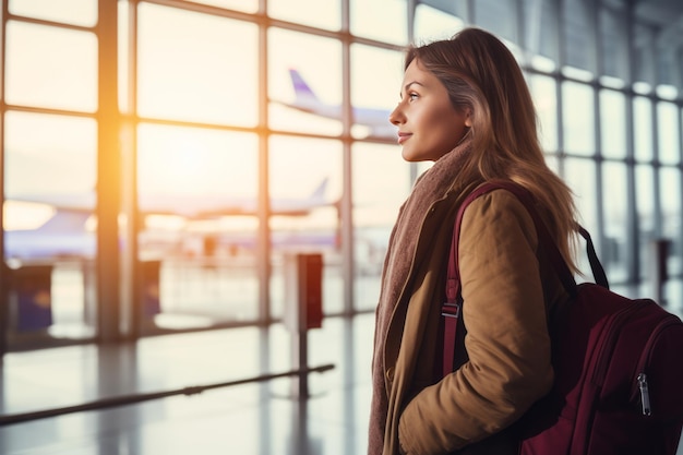 Airport travel and portrait of woman with passport flight ticket or information of immigration journey and backpack generative ai