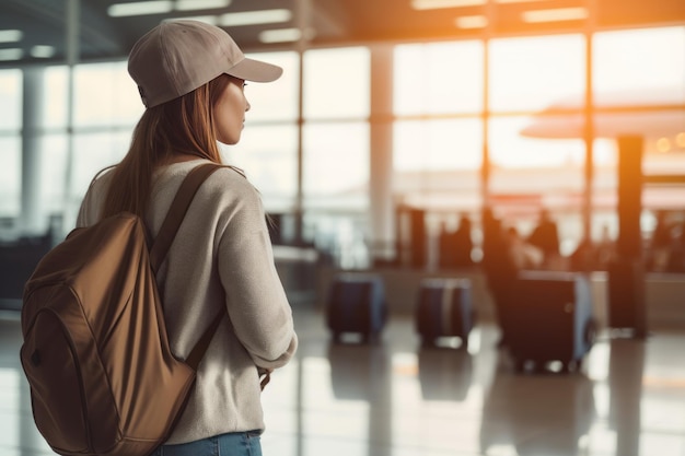 Airport travel and portrait of woman with passport flight ticket or information of immigration journey and backpack generative ai