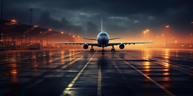 Airport where an aircraft stands poised on the tarmac ready to embark on its journey patiently awaiting the passengers who will soon fill its seats and bring life to its anticipation Generative AI