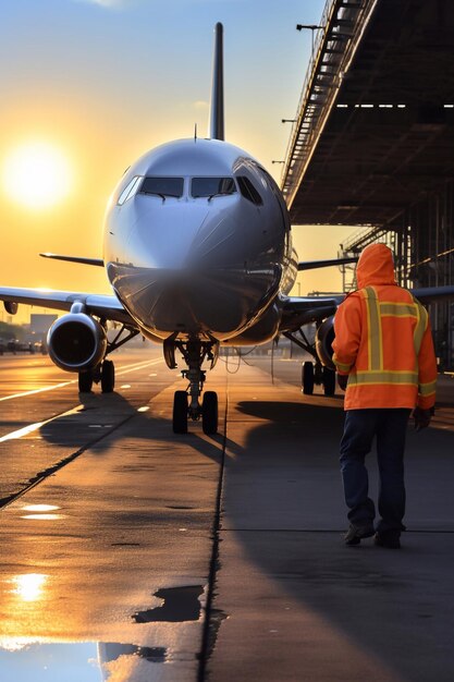 Airport worker checking airplane before boarding in the airport at sunset Generative AI