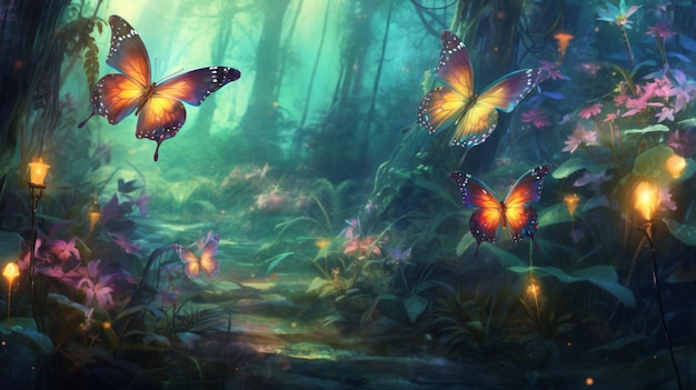 airy butterflies in mystic forest