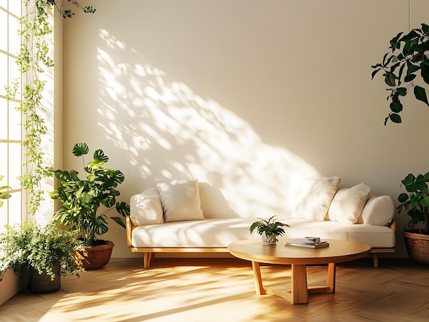 Photo airy minimalist living room with wooden flooring floortoceiling glass walls and modern low seating overlooking a serene garden view