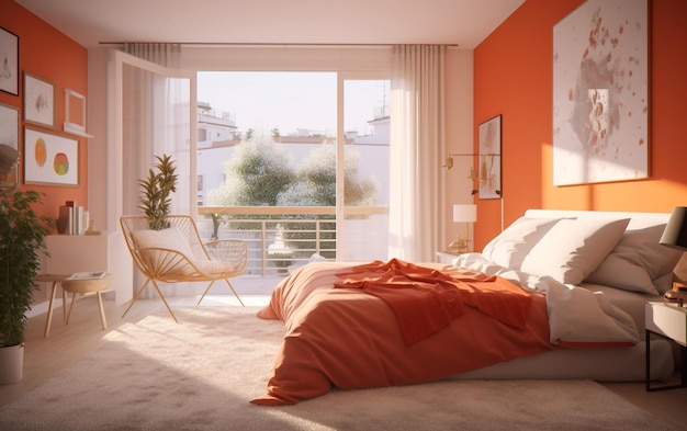 Airy Orange Bedroom with Natural Light Generative AI