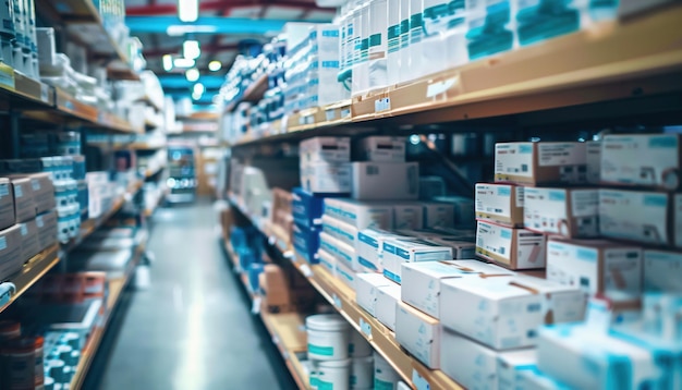 Aisle filled with various medical supplies in a warehouse during daylight hours