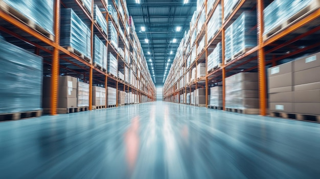 Aisle of Stacked Boxes in a Large Warehouse