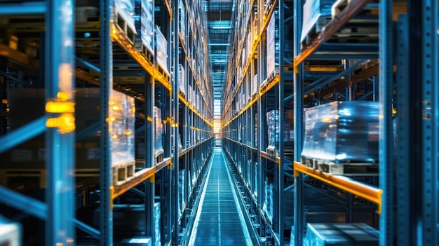 Aisle with Pallets in a Warehouse Blue Metal Shelving and Yellow Beams