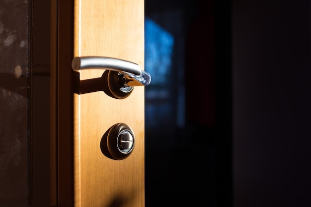 Ajar wooden interior door in the morning light .