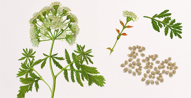 Ajwain (Trachyspermum Ammi). Botanical illustration on white paper. The best medicinal plants