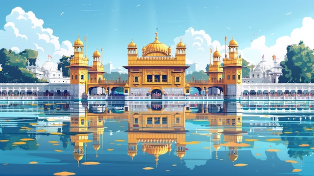 Akal Takht in the Golden Temple complex with people offering prayers Cartoon illustrations vectors Generative AI