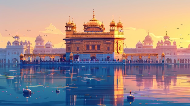 Akal Takht in the Golden Temple complex with people offering prayers Cartoon illustrations vectors Generative AI