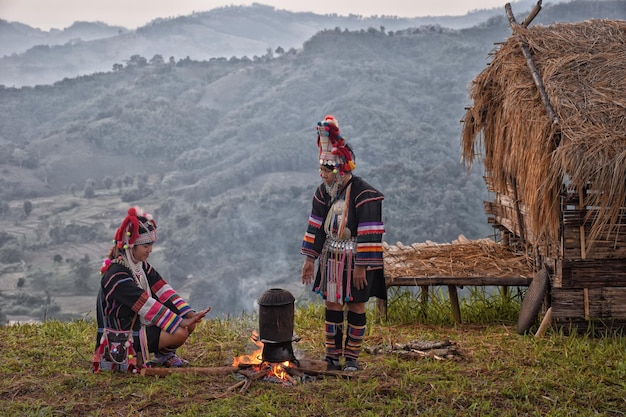 Akha tribe cooking on the mountain in the morning