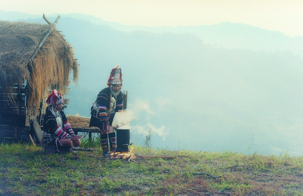 Akha tribe cooking on the mountain in the morning,