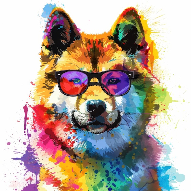 Akita dog wearing sunglasses in colorful pop art style