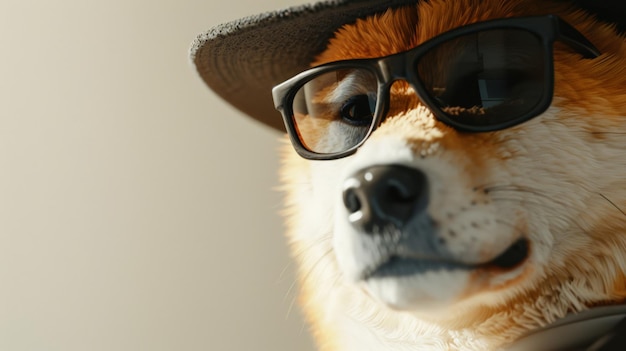 Photo akita dog wearing sunglasses and a hat