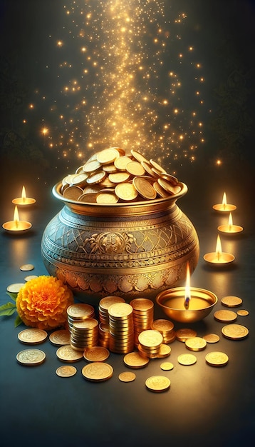 Akshaya tritiya wallpaper with a pot filled with gold coins and a beautiful arrangement