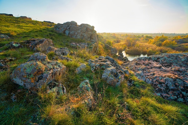 Aktovsky Canyon in Ukraine surrounded large stone boulders