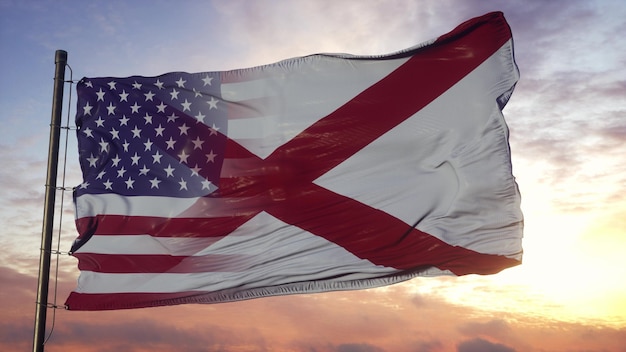 Alabama and USA flag on flagpole. USA and Alabama Mixed Flag waving in wind