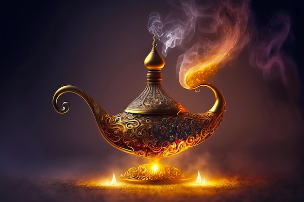 Aladdin's mysterious lamp with glowing smoke at the time of the appearance of the genie Generative AI illustration