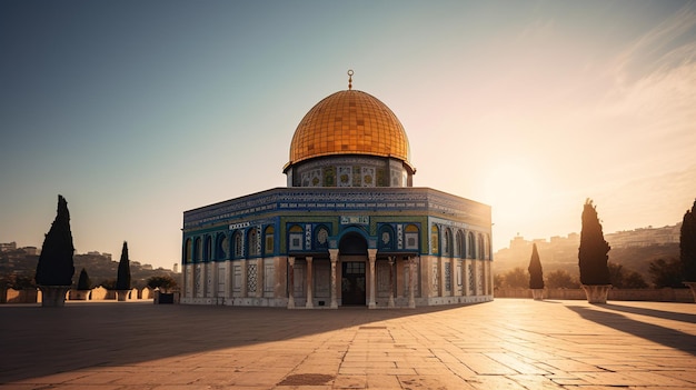 The AlAqsa Mosque at sunrise golden light with the Dome of the Rock in the foreground