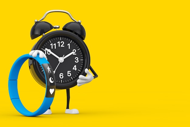 Alarm Clock Character Mascot with Blue Fitness Tracker on a yellow background. 3d Rendering