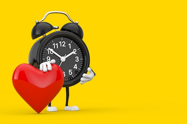 Alarm Clock Character Mascot with Red Heart on a yellow background. 3d Rendering