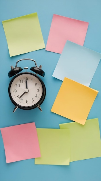 Photo alarm clock and colorful blank paper reminders on a blue background top view