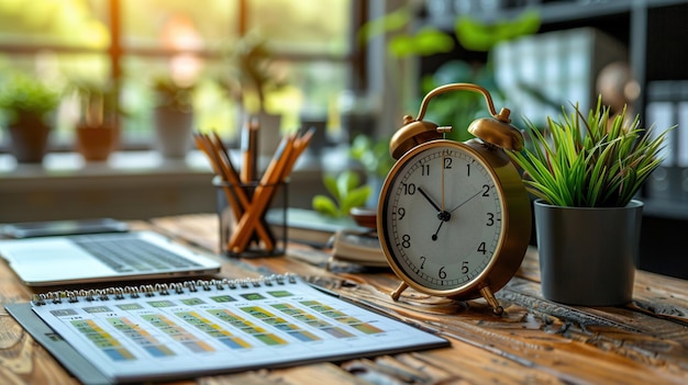 Alarm Clock on a Desk with a Calendar Pencils and Plant