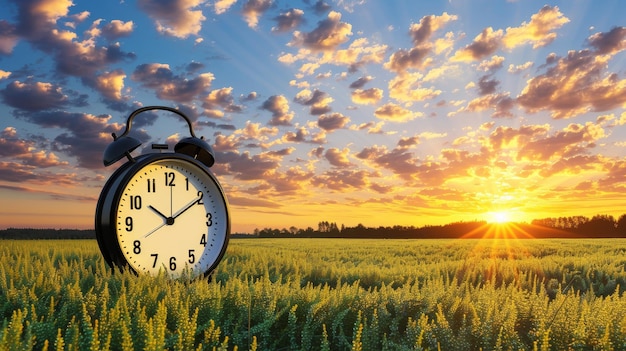 Photo an alarm clock in a field at sunrise