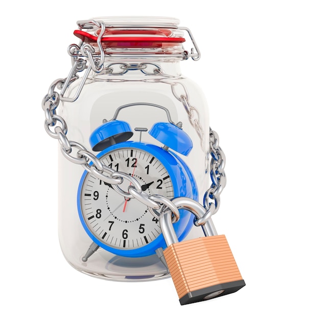 Alarm clock inside glass jar with chain and padlock save time concept 3D rendering