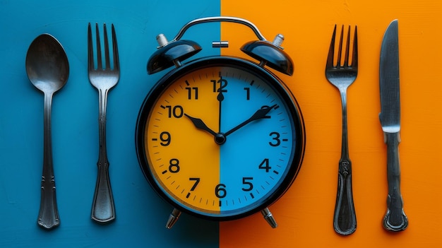 The alarm clock and plate are yellow and blue indicating intermittent fasting and lunch time It also has a clock timer and cutlery