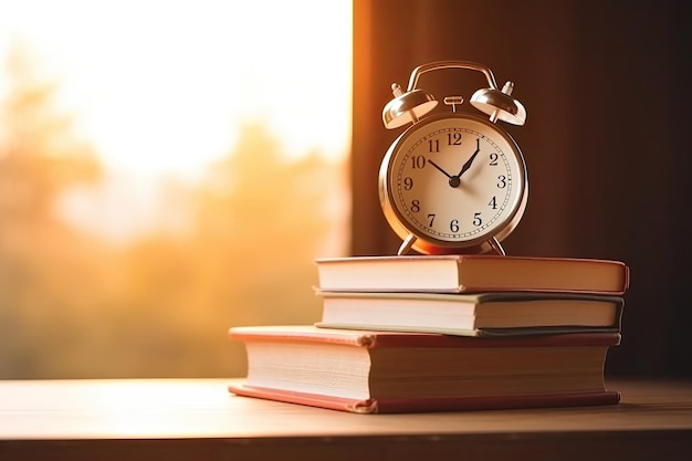 alarm clock on a stack of books bokeh blurred background with copyspace