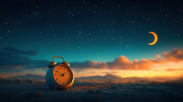 Alarm Clock Under Starry Night Sky with Moon