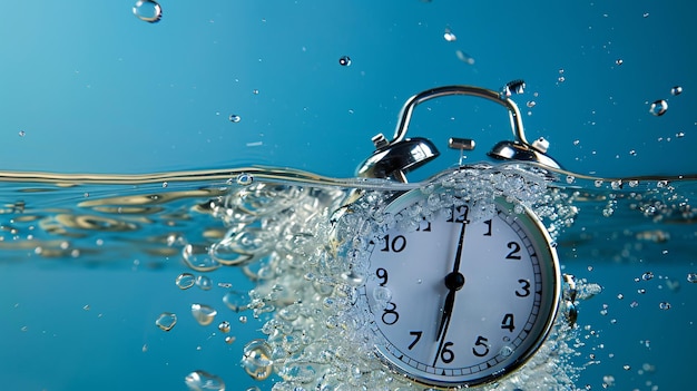 An alarm clock submerged in a tank of water with bubbles rising to the surface representing the feeling of being overwhelmed or running out of time isolated on a blue background