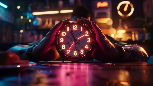 Photo alarm clock on the table in the night club time management concept