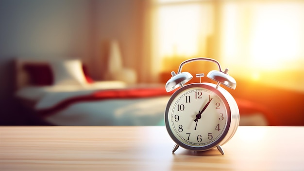 Alarm clock on the table with blur bedroom background