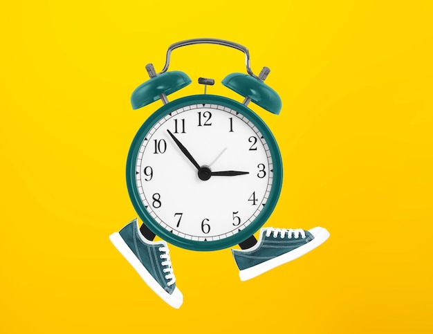 Alarm clock in toy sneakers walks on yellow background Minimal time movement concept