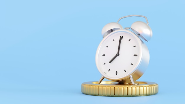 Alarm clock with coin money saving dead line tax time reminder concept 3D rendering