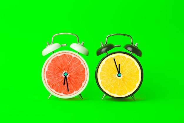 Alarm clocks with citrus fruit concept Lemon or orange and clock on empty color background Vitamins proper nutrition health detox diet concept High quality photo