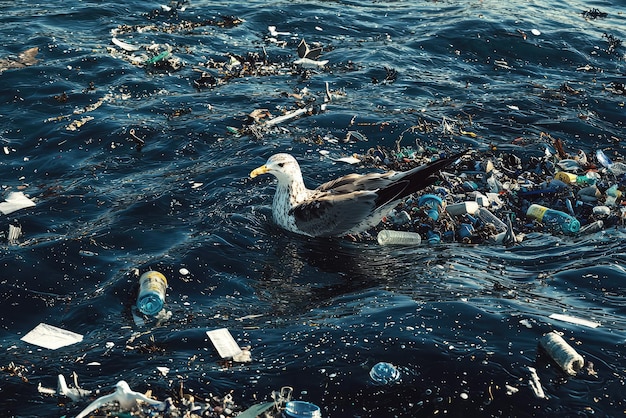 Photo an alarming sight of a seagull navigating through a vast ocean surface choked with plastic debris and waste showcasing environmental crisis