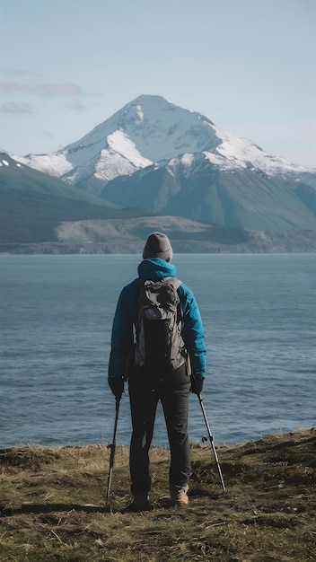 Alaska hiker looking at mountain over the ocean